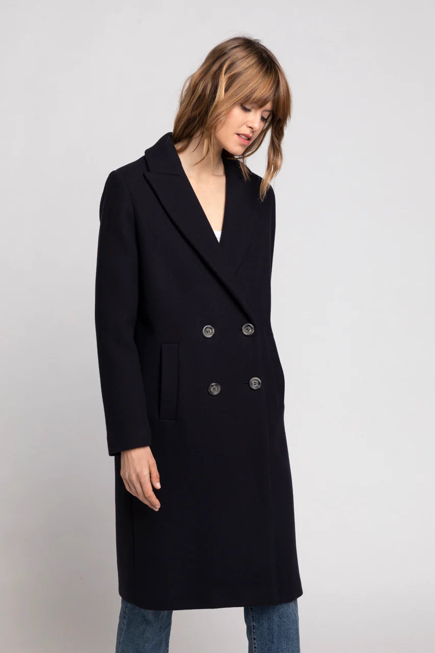 SENLIS Overcoat-Minimalist straight overcoat in navy blue virgin wool