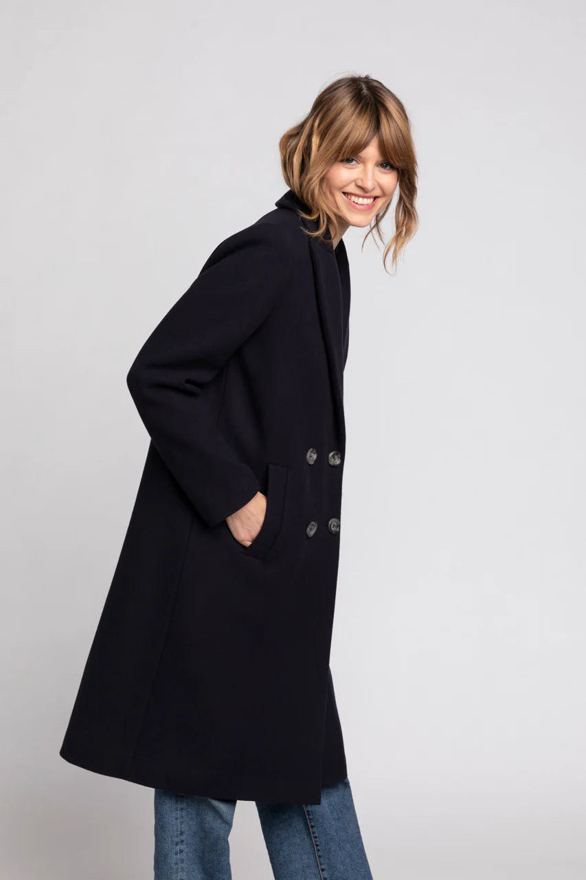 SENLIS Overcoat-Minimalist straight overcoat in navy blue virgin wool