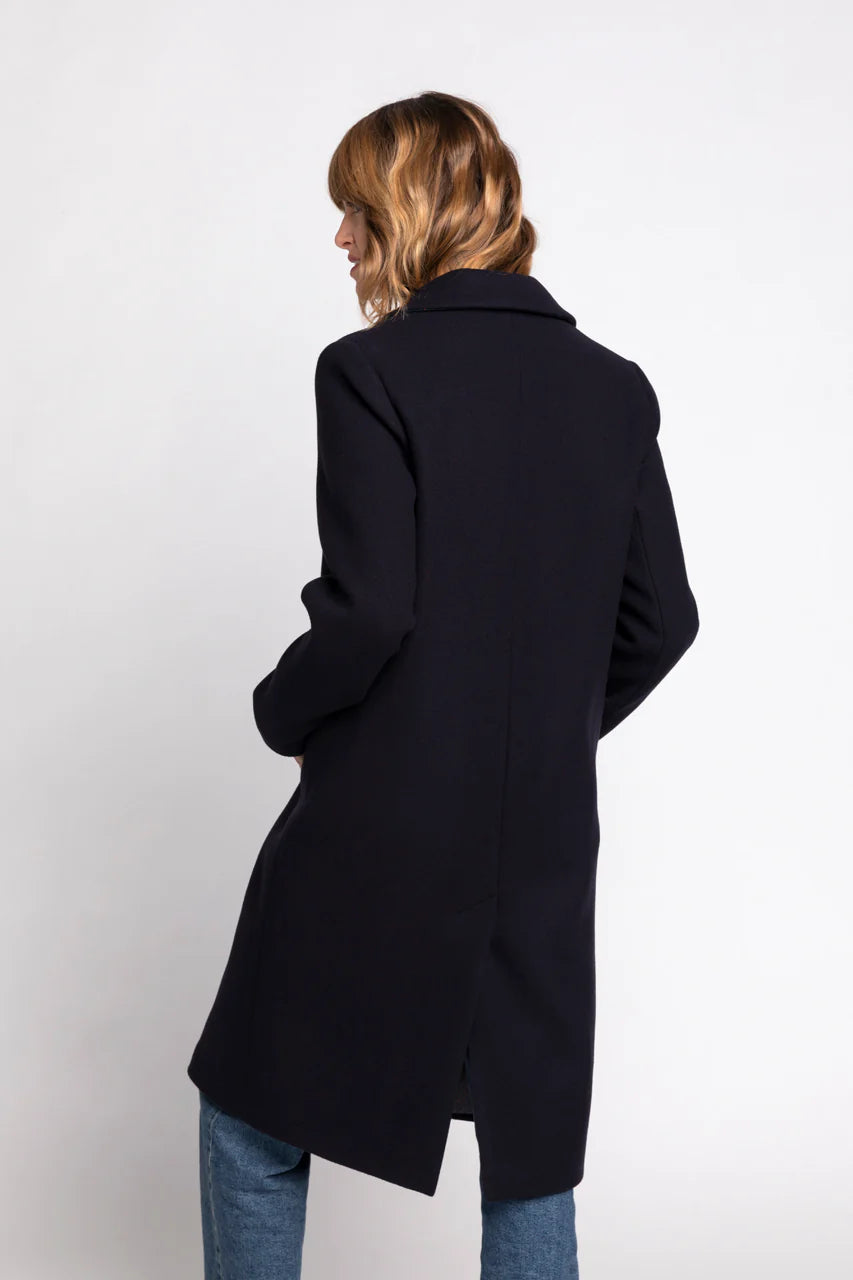 SENLIS Overcoat-Minimalist straight overcoat in navy blue virgin wool
