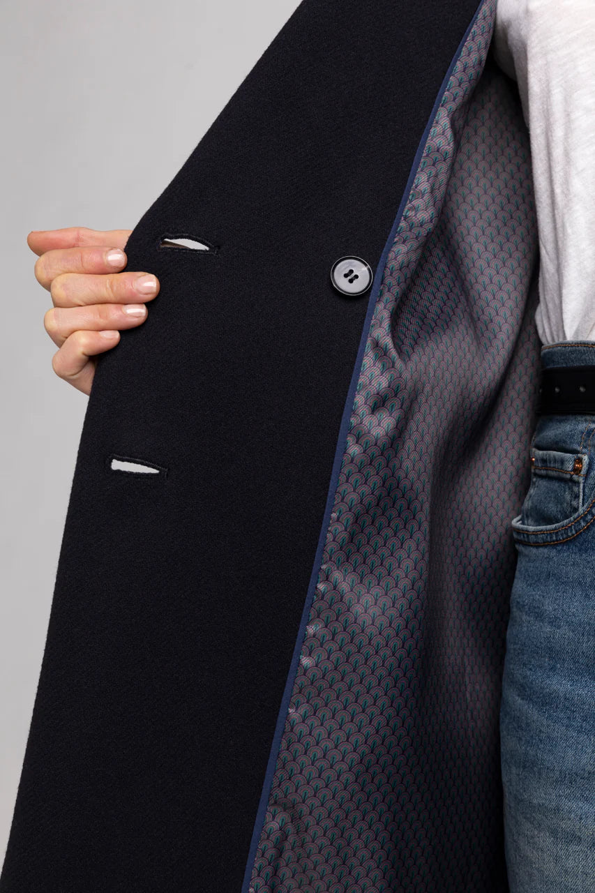 SENLIS Overcoat-Minimalist straight overcoat in navy blue virgin wool