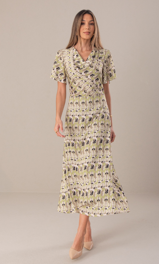 Printed midi dress with draped collar