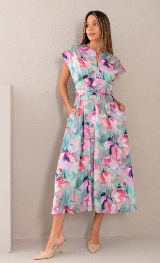 Cinched printed midi dress