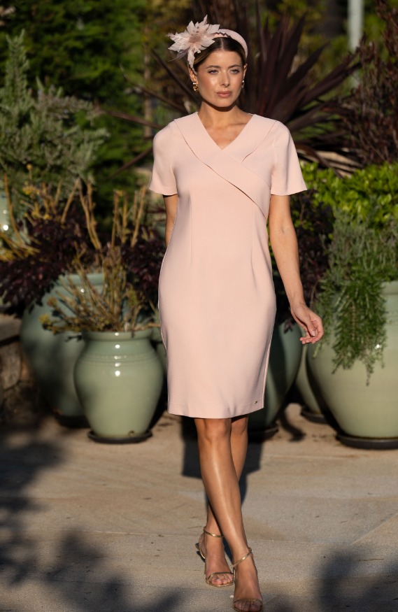 Dress with V-neck and fabric overlay